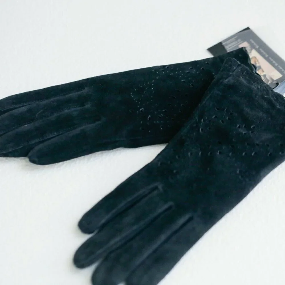 Di Firenze Black Suede Gloves with Laser Cut Detail Scalloped Edge S